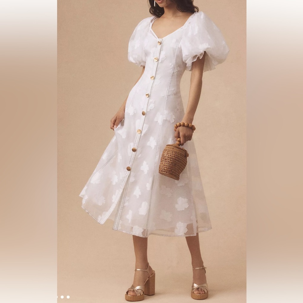 Anthropologie Let Me Be White Midi Dress Sheer Puff Sleeve Ethereal SZ XS NWT